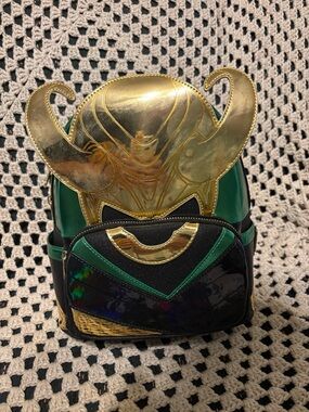 Loungefly Green Black Gold Loki Helmet Mini Backpack